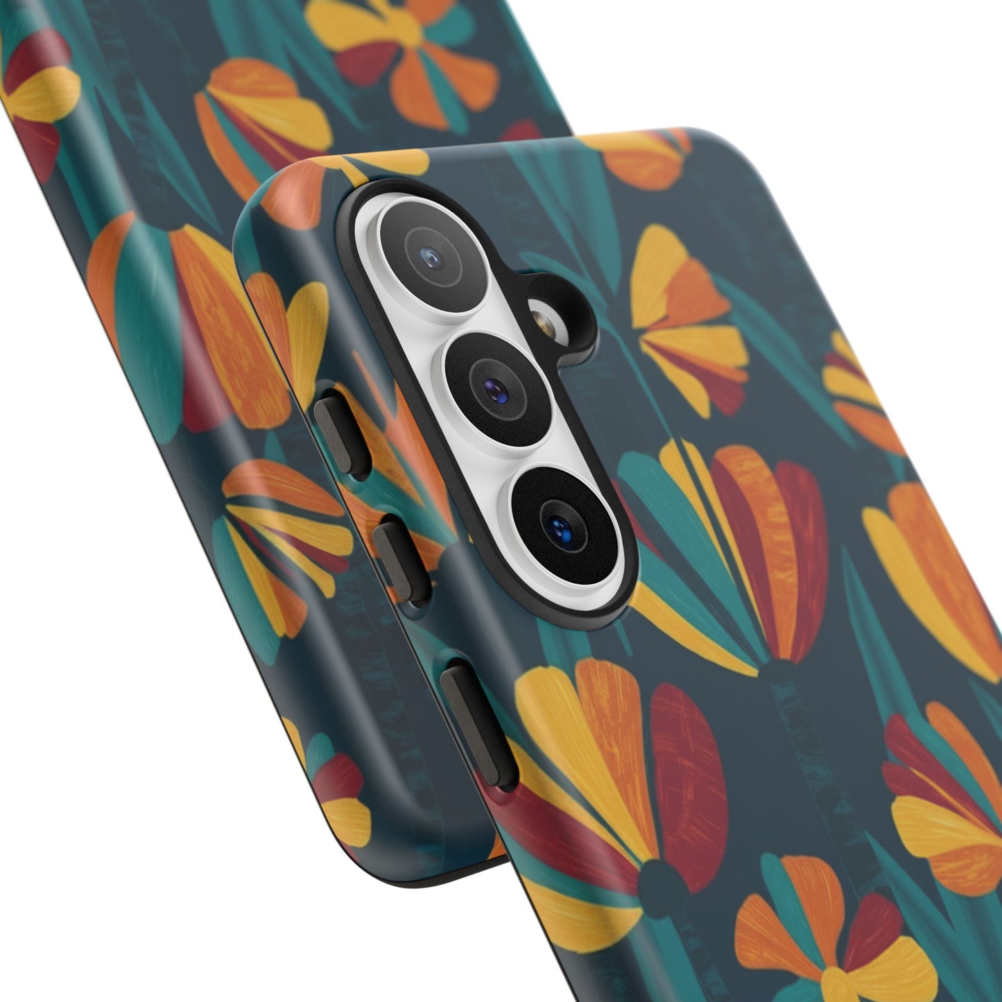 Floral Retro Teal Tough Phone Case — Vibrant Orange & Mustard Blooms