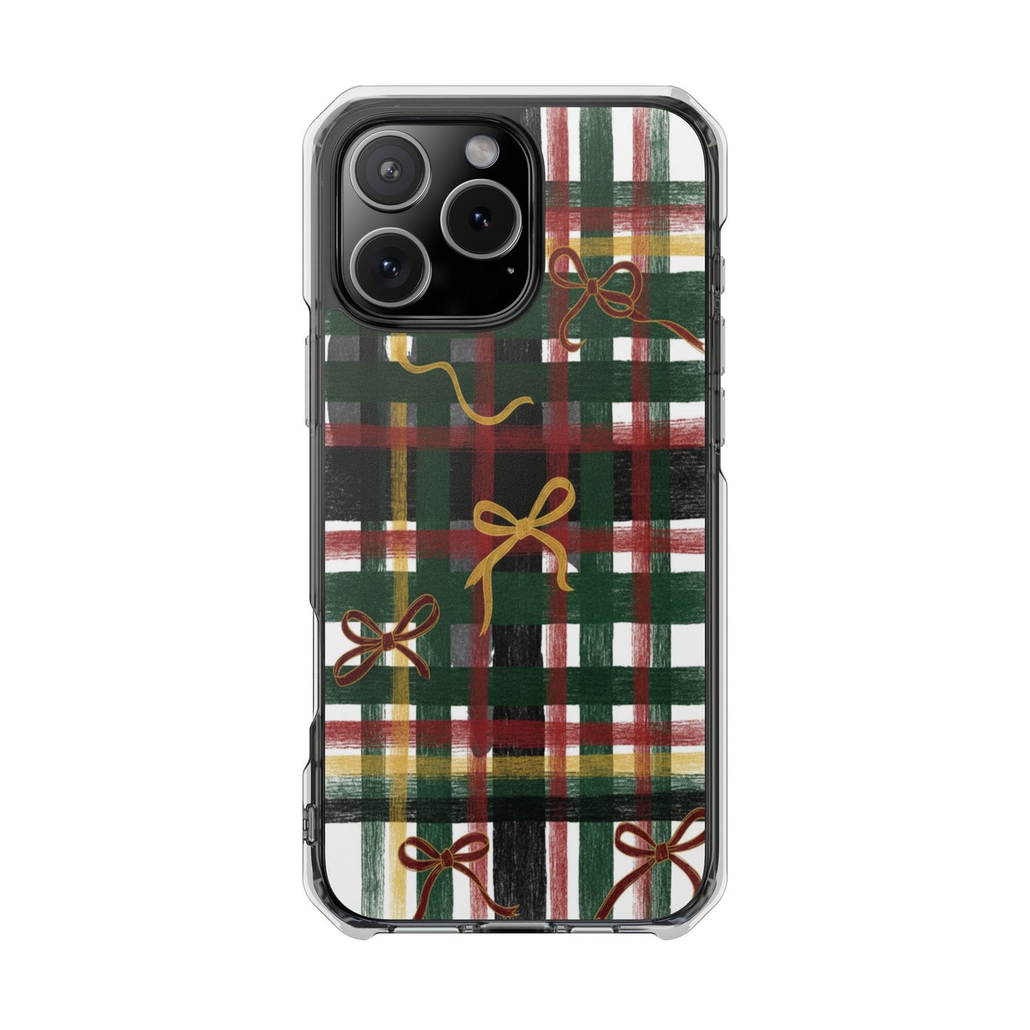 Phone Case - Festive Plaid with Gold Bows Clear Magnetic Impact Case
