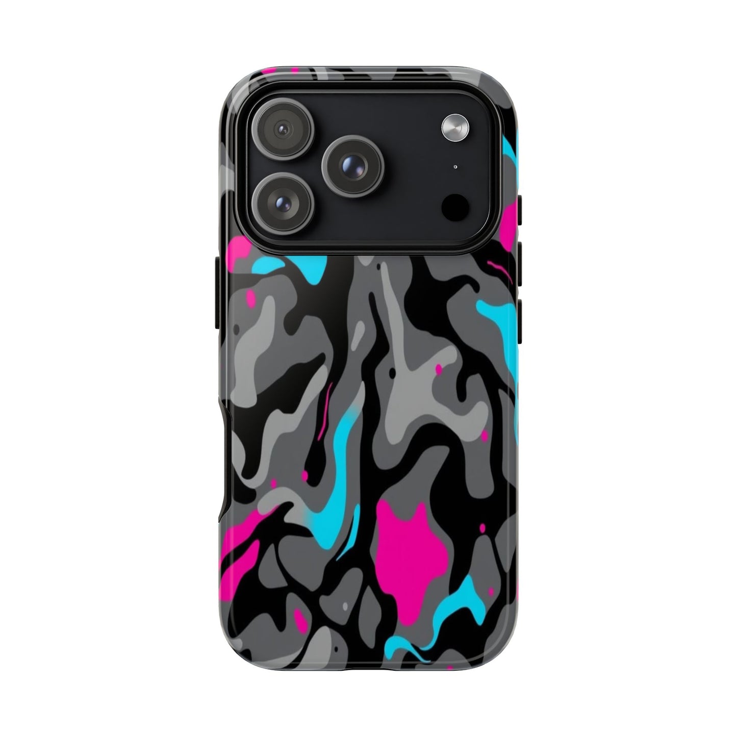 Camouflage Phone Case — Gray Camo with Neon Pink & Cyan Accent Tough Protective Cover
