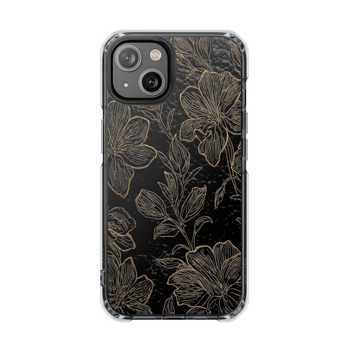Floral Sketch Magnetic Clear Phone Case — Black & Gold Botanical Impact Case