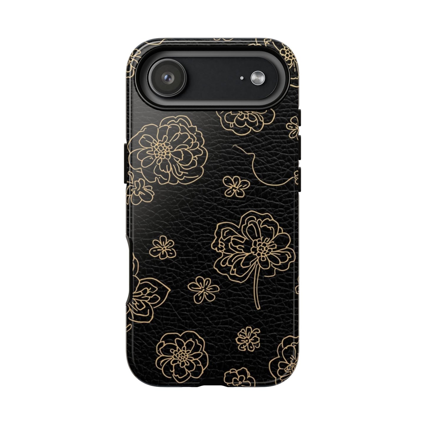 Floral Leather-Texture Tough Case – Black Gold Outline Phone Cover