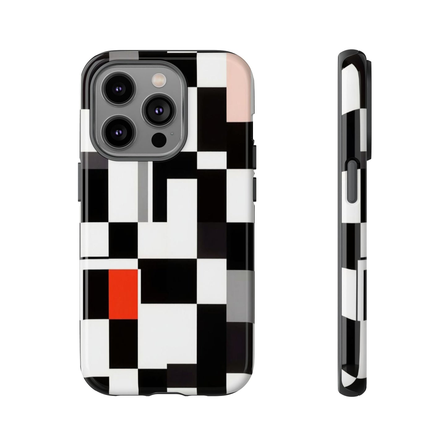 Abstract Geometric Phone Case – Black & White Checker Grid with Red Accent