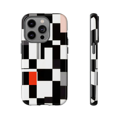 Abstract Geometric Phone Case – Black & White Checker Grid with Red Accent