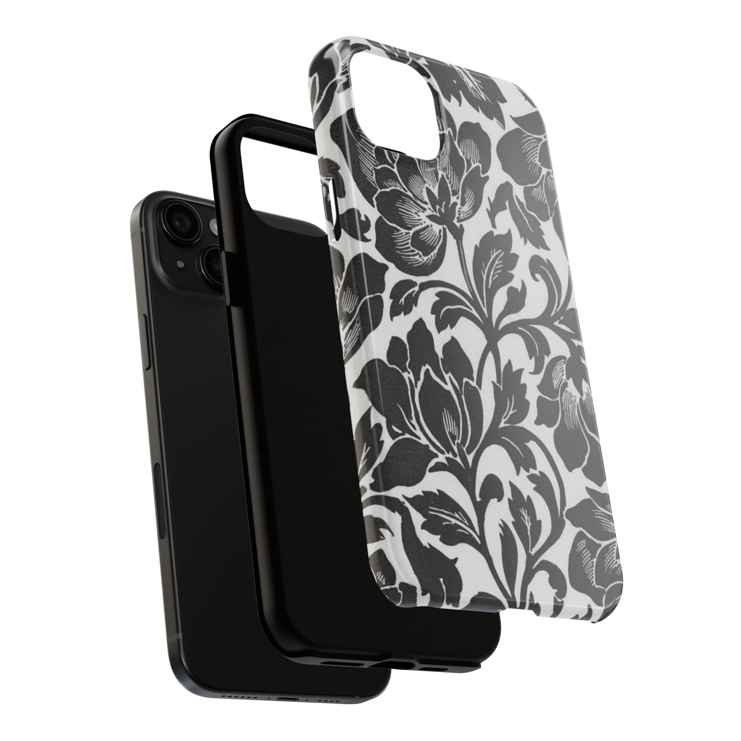 Tough Phone Case — Black & White Vintage Floral Protective Cover
