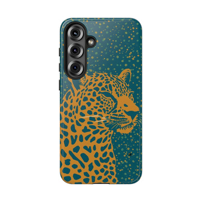 Leopard Print Tough Phone Case — Gold Panther on Teal, Protective iPhone Cover