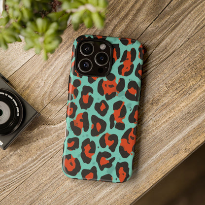 Leopard Print Tough Phone Case — Teal & Rust Protective iPhone Cover