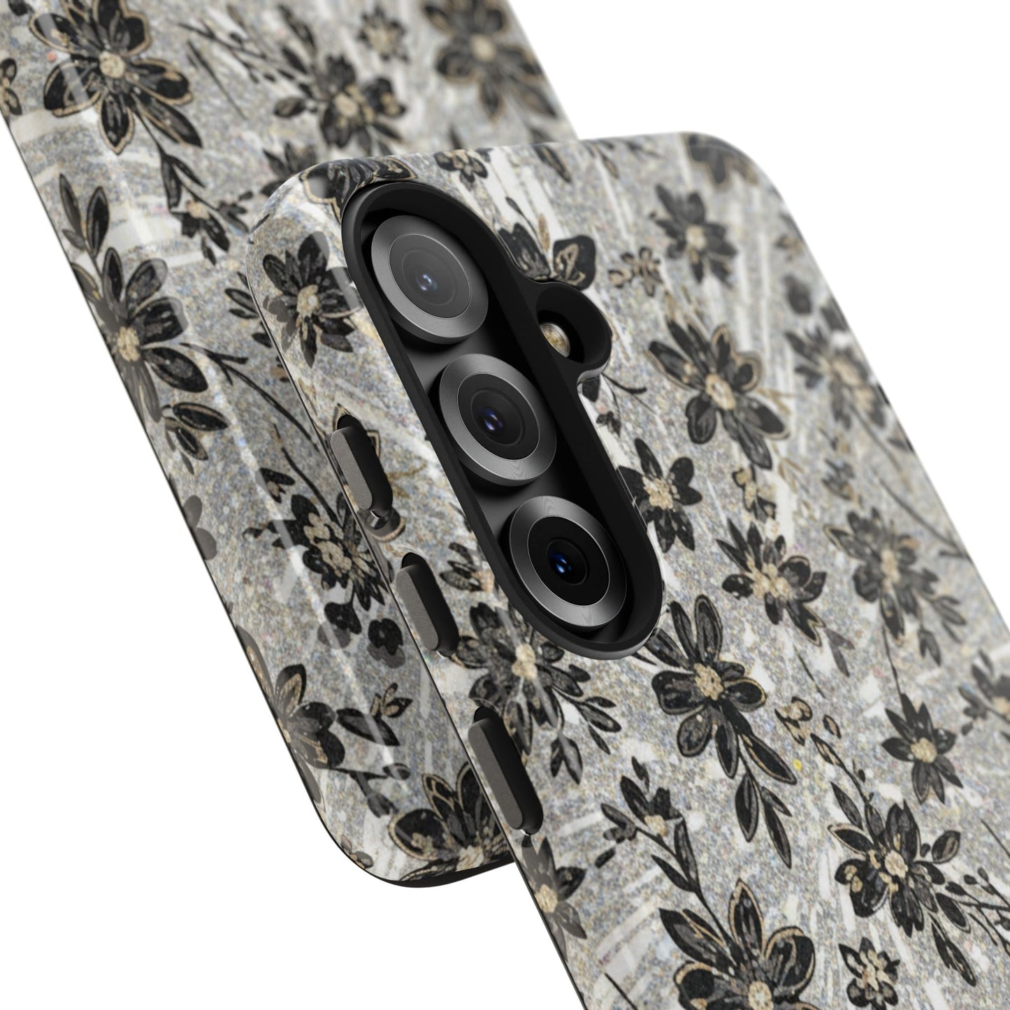 Floral Vintage Tough Phone Case — Black & Gray Rustic Flower Protective Case