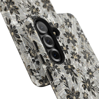 Floral Vintage Tough Phone Case — Black & Gray Rustic Flower Protective Case