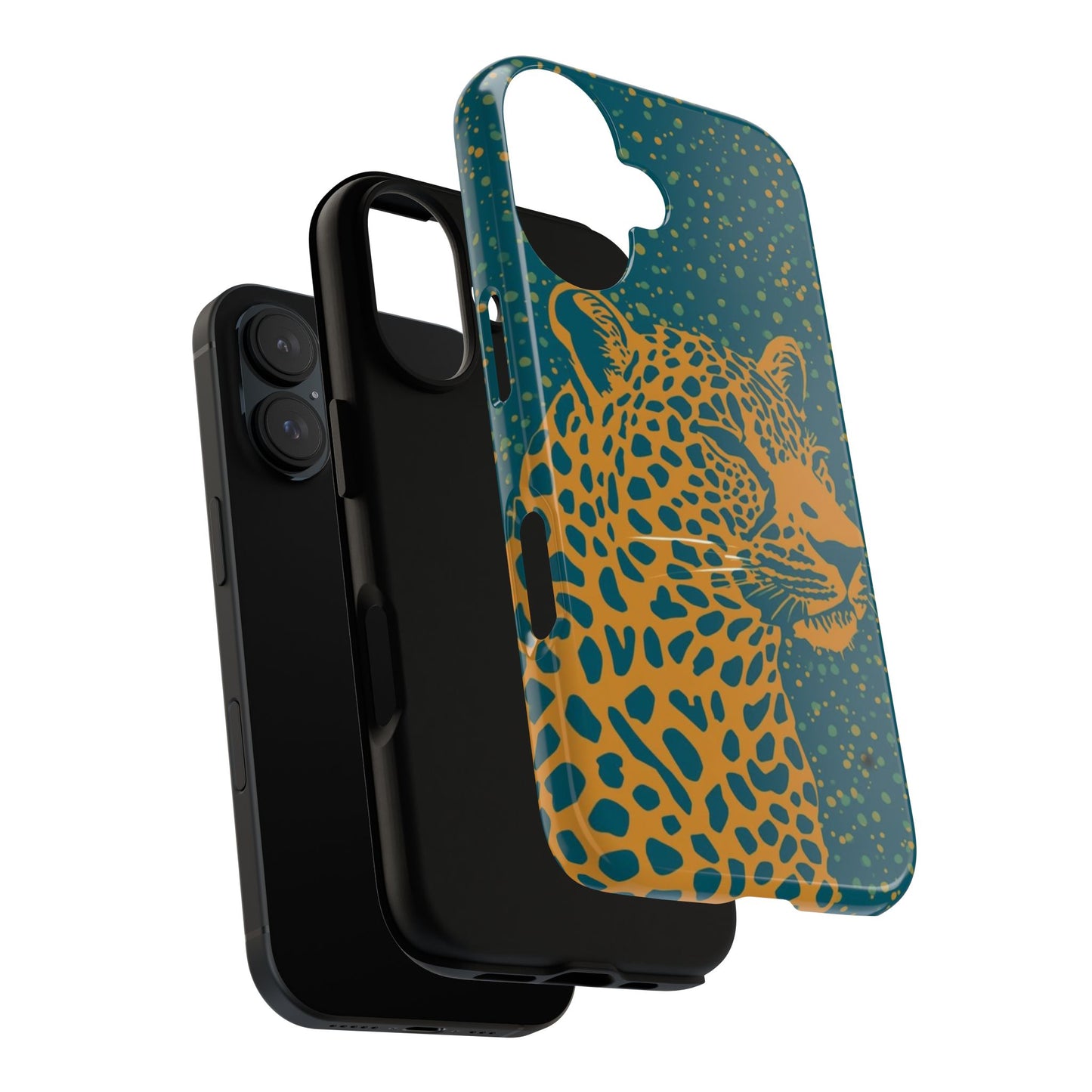 Leopard Print Tough Phone Case — Gold Panther on Teal, Protective iPhone Cover