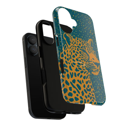 Leopard Print Tough Phone Case — Gold Panther on Teal, Protective iPhone Cover