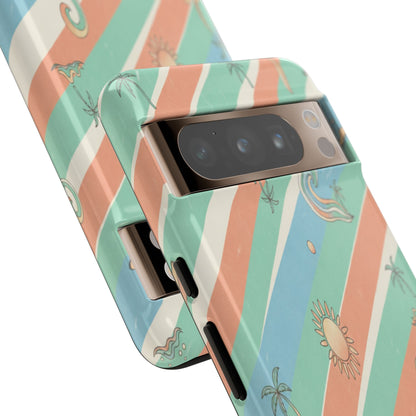 Retro Beach Stripes Phone Case — Sun, Waves & Palm Pattern Tough Case