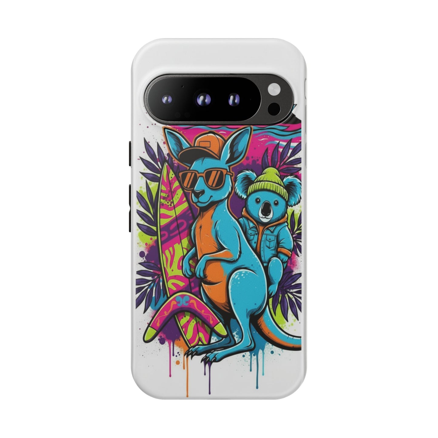 Kangaroo & Koala Surf Phone Case — Retro Neon Beach Art Tough Case