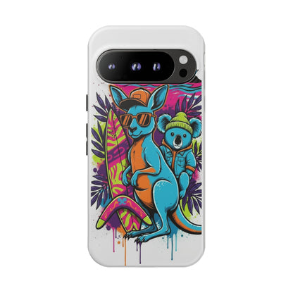 Kangaroo & Koala Surf Phone Case — Retro Neon Beach Art Tough Case