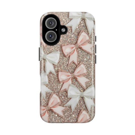 Glitter Bow Tough Phone Case — Pink & White Ribbon Protective Cover