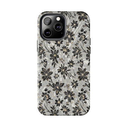 Floral Vintage Tough Phone Case — Black & Gray Rustic Flower Protective Case