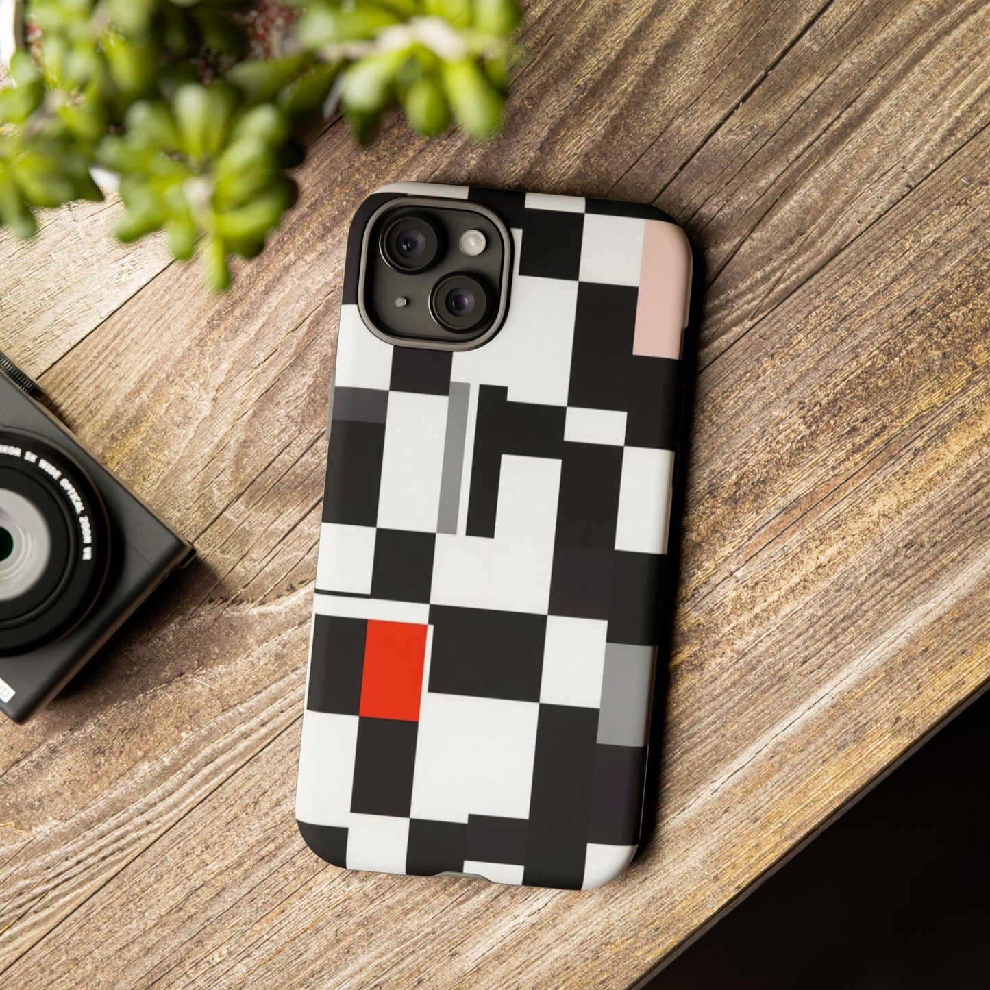 Abstract Geometric Phone Case – Black & White Checker Grid with Red Accent
