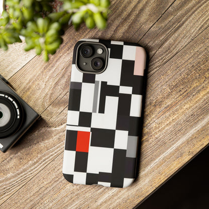 Abstract Geometric Phone Case – Black & White Checker Grid with Red Accent