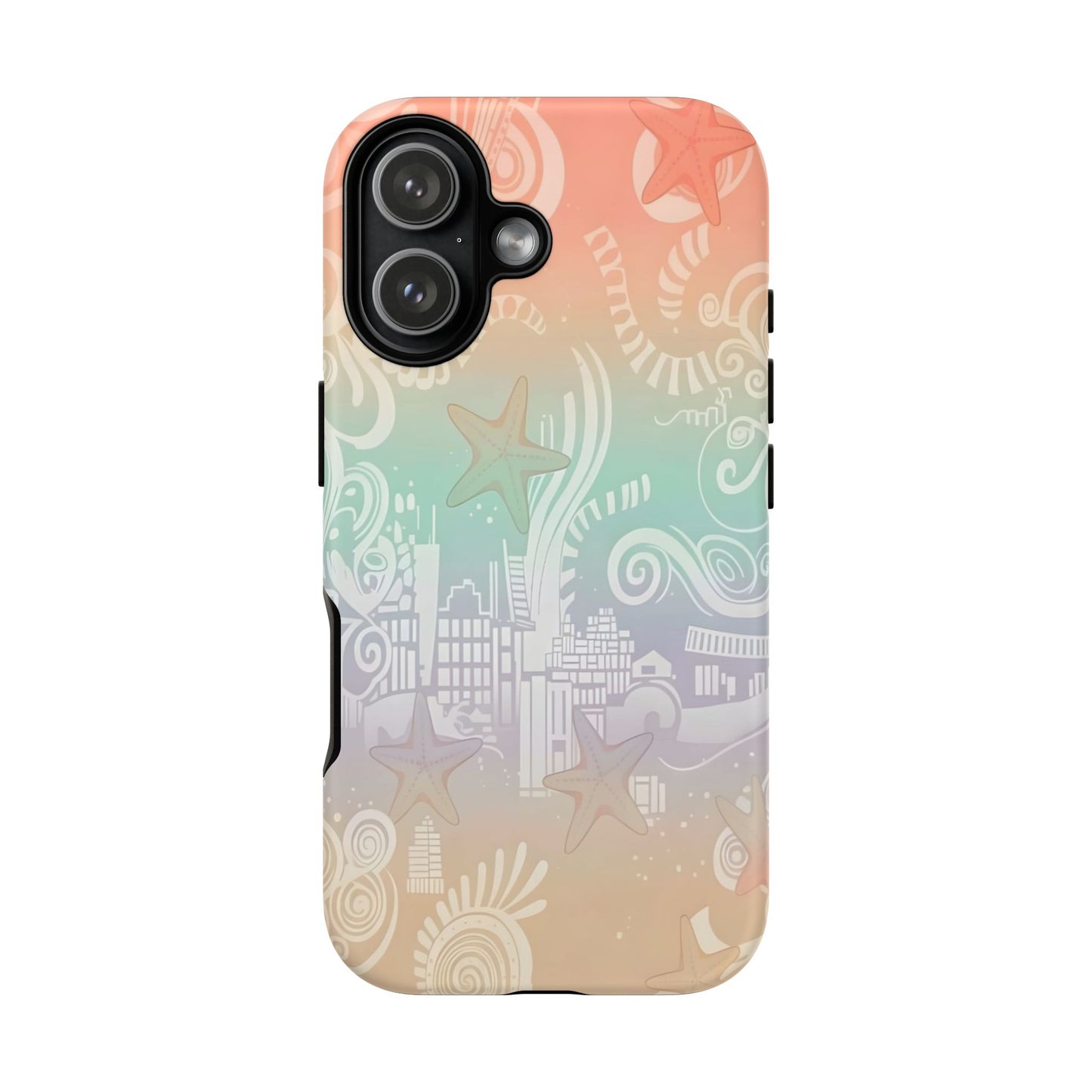 Tough Cases: Pastel Beach Pattern Phone Case — Starfish & Coastal Cityscape Protective Cover