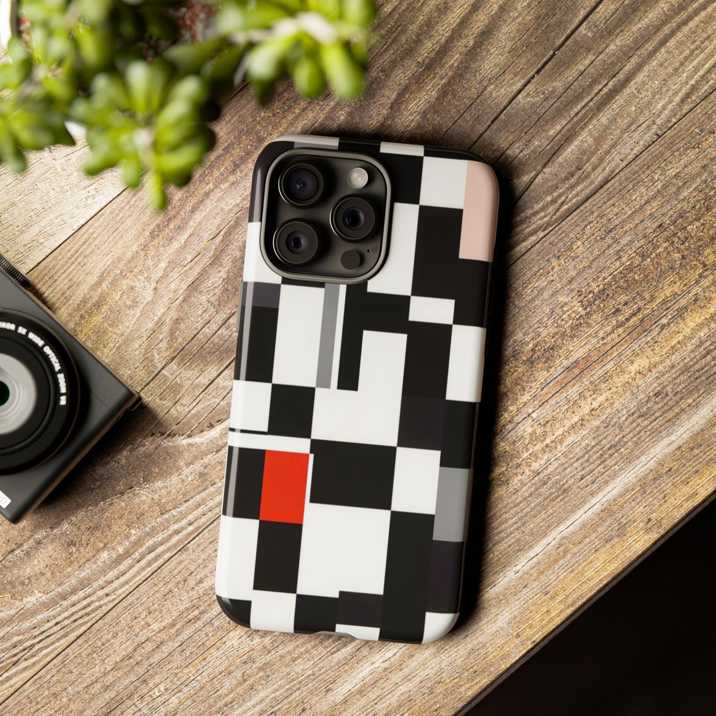 Abstract Geometric Phone Case – Black & White Checker Grid with Red Accent