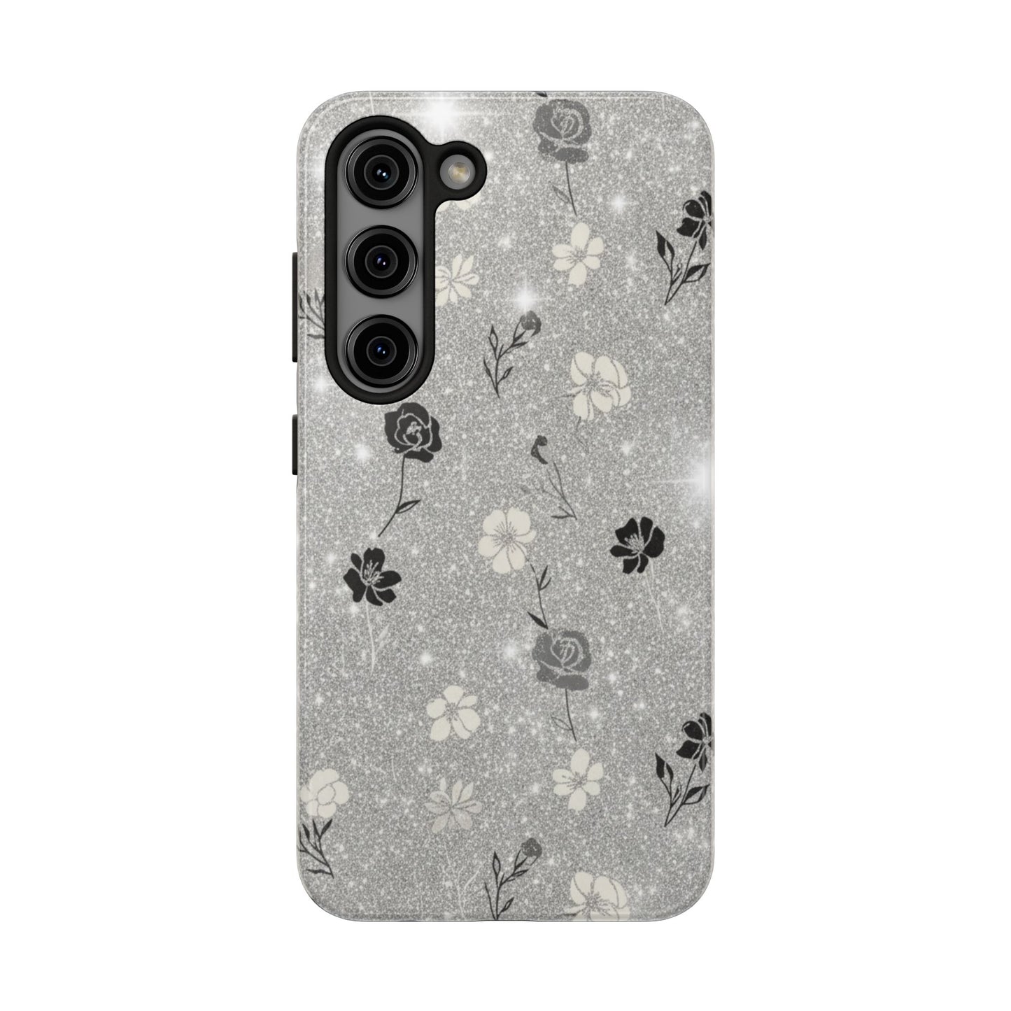 Floral Glitter Tough Phone Case — Black & Silver Vintage Flower Protective Cover