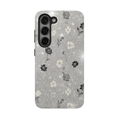Floral Glitter Tough Phone Case — Black & Silver Vintage Flower Protective Cover