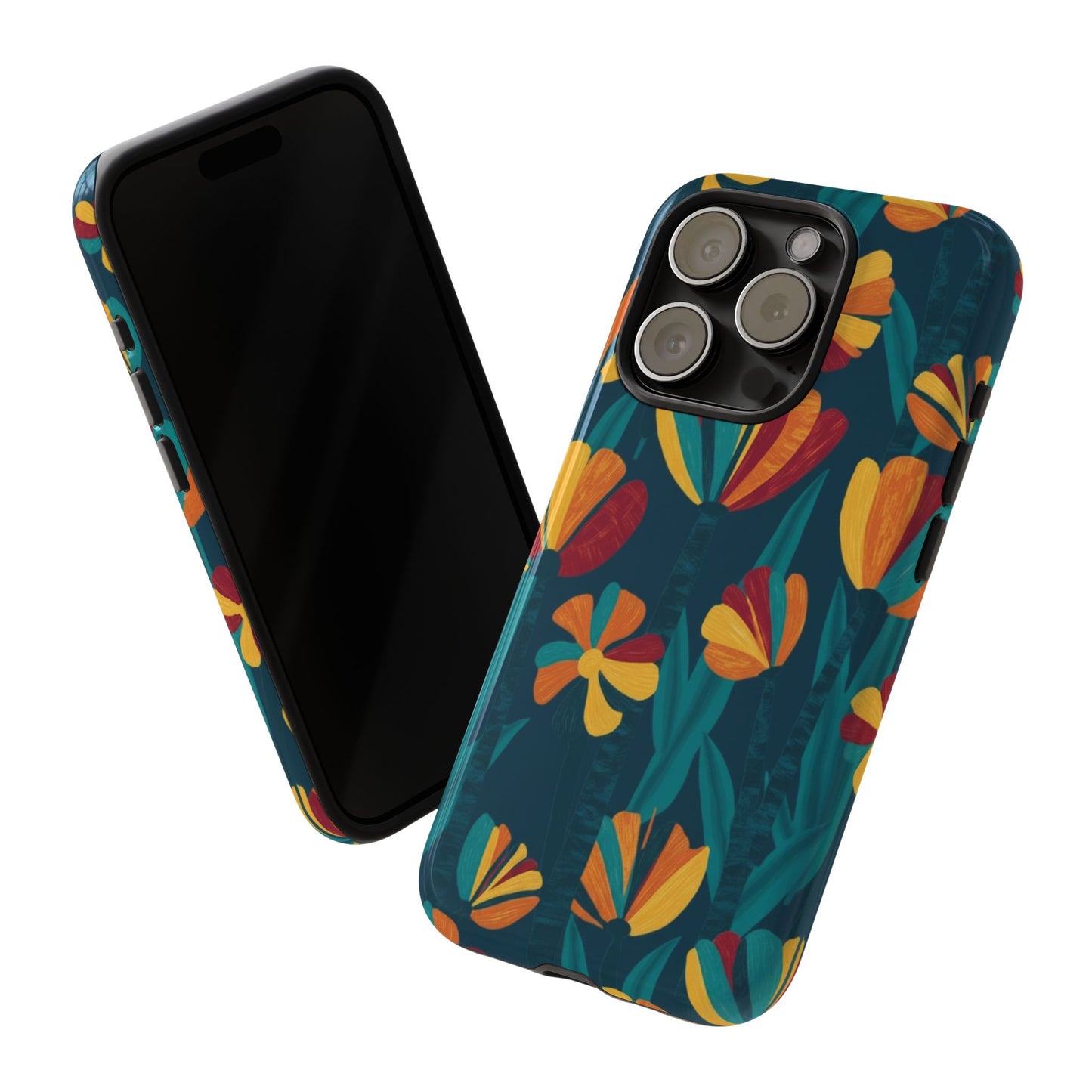 Floral Retro Teal Tough Phone Case — Vibrant Orange & Mustard Blooms