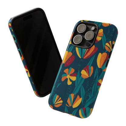 Floral Retro Teal Tough Phone Case — Vibrant Orange & Mustard Blooms