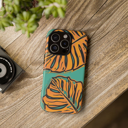 Tropical Leaf Tough Phone Case — Orange Monstera Design on Teal