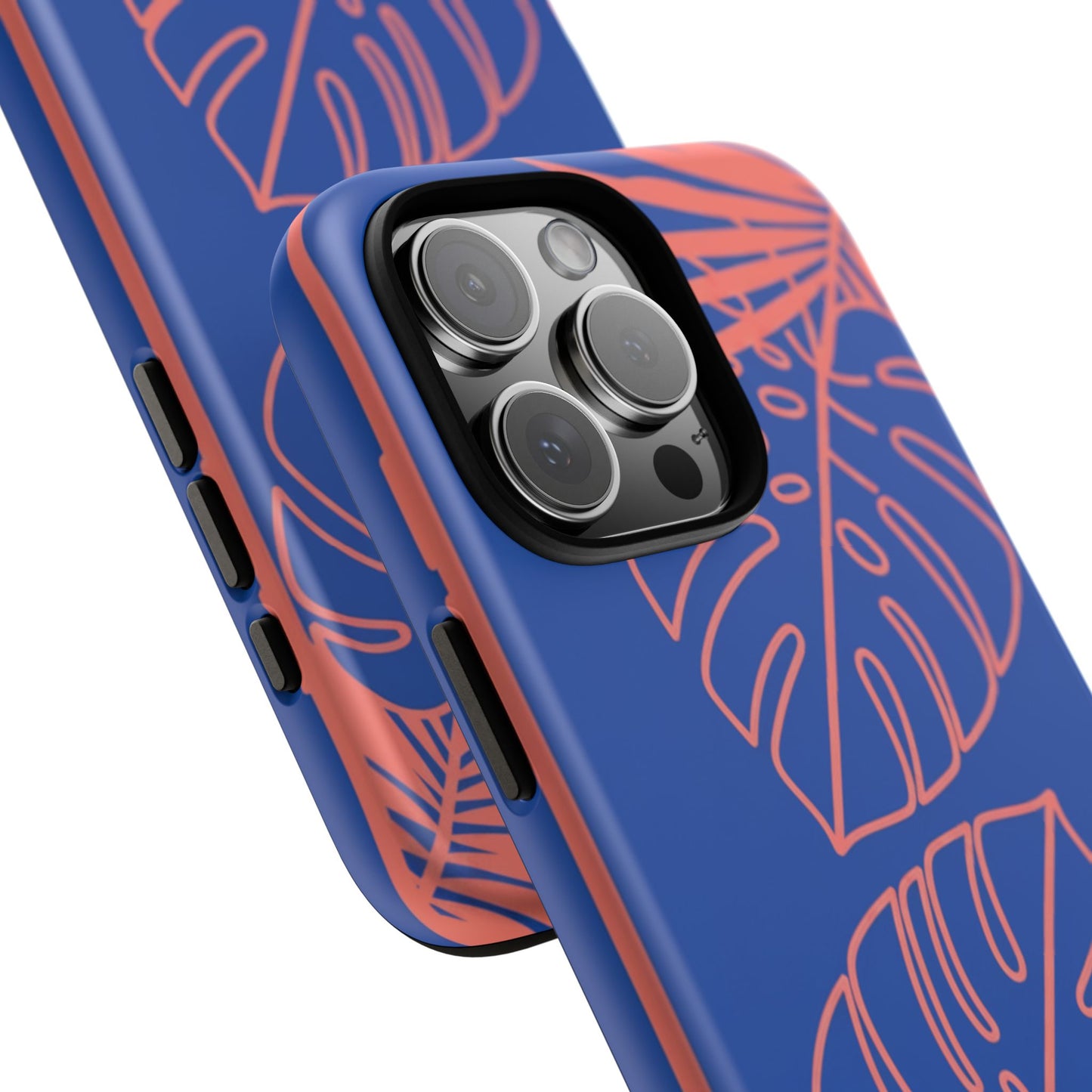 Tropical Monstera Phone Case — Blue & Coral Leaf Protective Cover