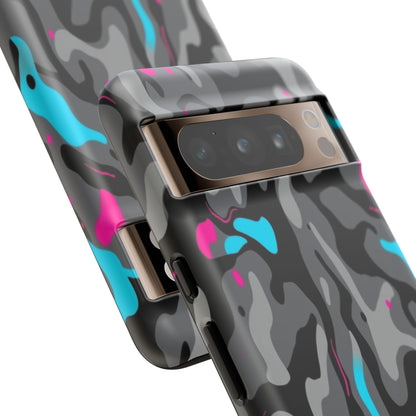 Camouflage Phone Case — Gray Camo with Neon Pink & Cyan Accent Tough Protective Cover