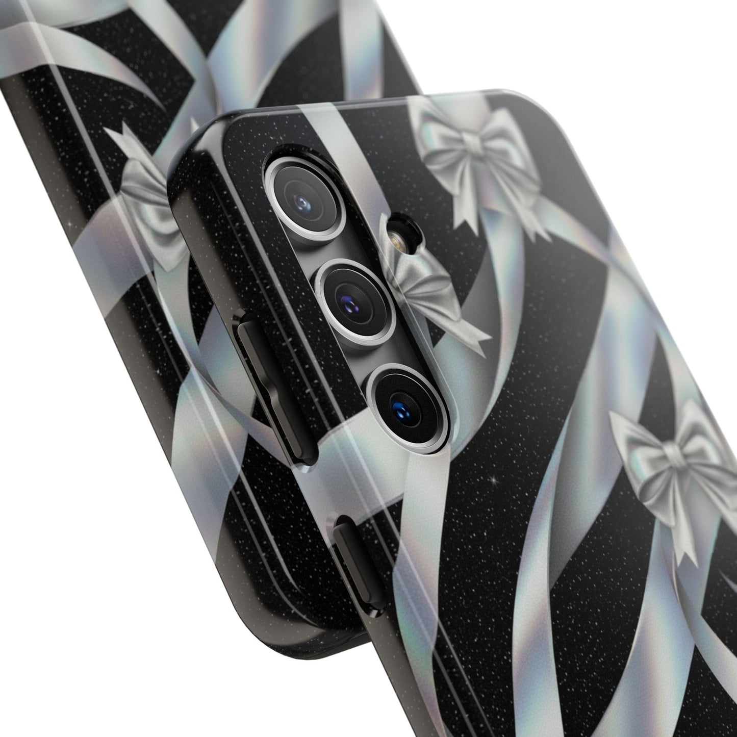 Silver Ribbon Bow Tough Phone Case — Glitter Black Protective Phone Case