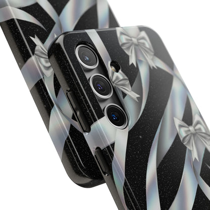 Silver Ribbon Bow Tough Phone Case — Glitter Black Protective Phone Case
