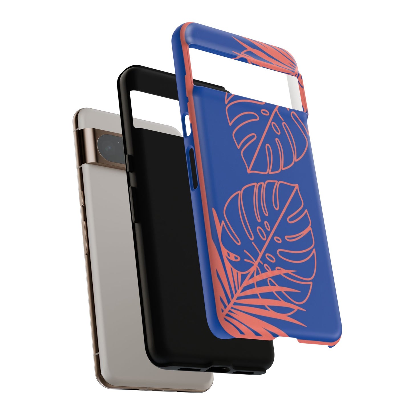 Tropical Monstera Phone Case — Blue & Coral Leaf Protective Cover