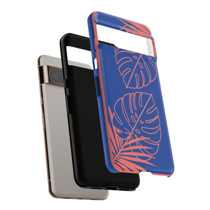 Tropical Monstera Phone Case — Blue & Coral Leaf Protective Cover
