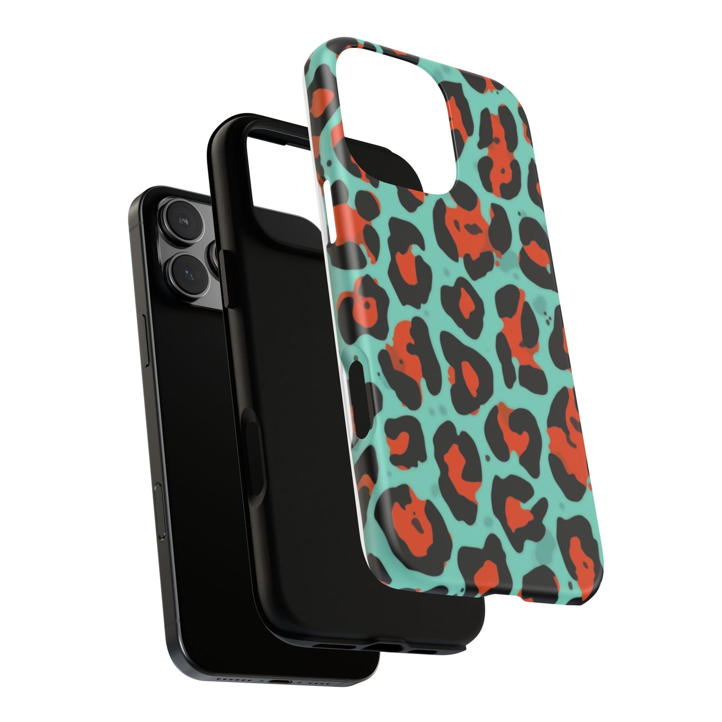 Leopard Print Tough Phone Case — Teal & Rust Protective iPhone Cover