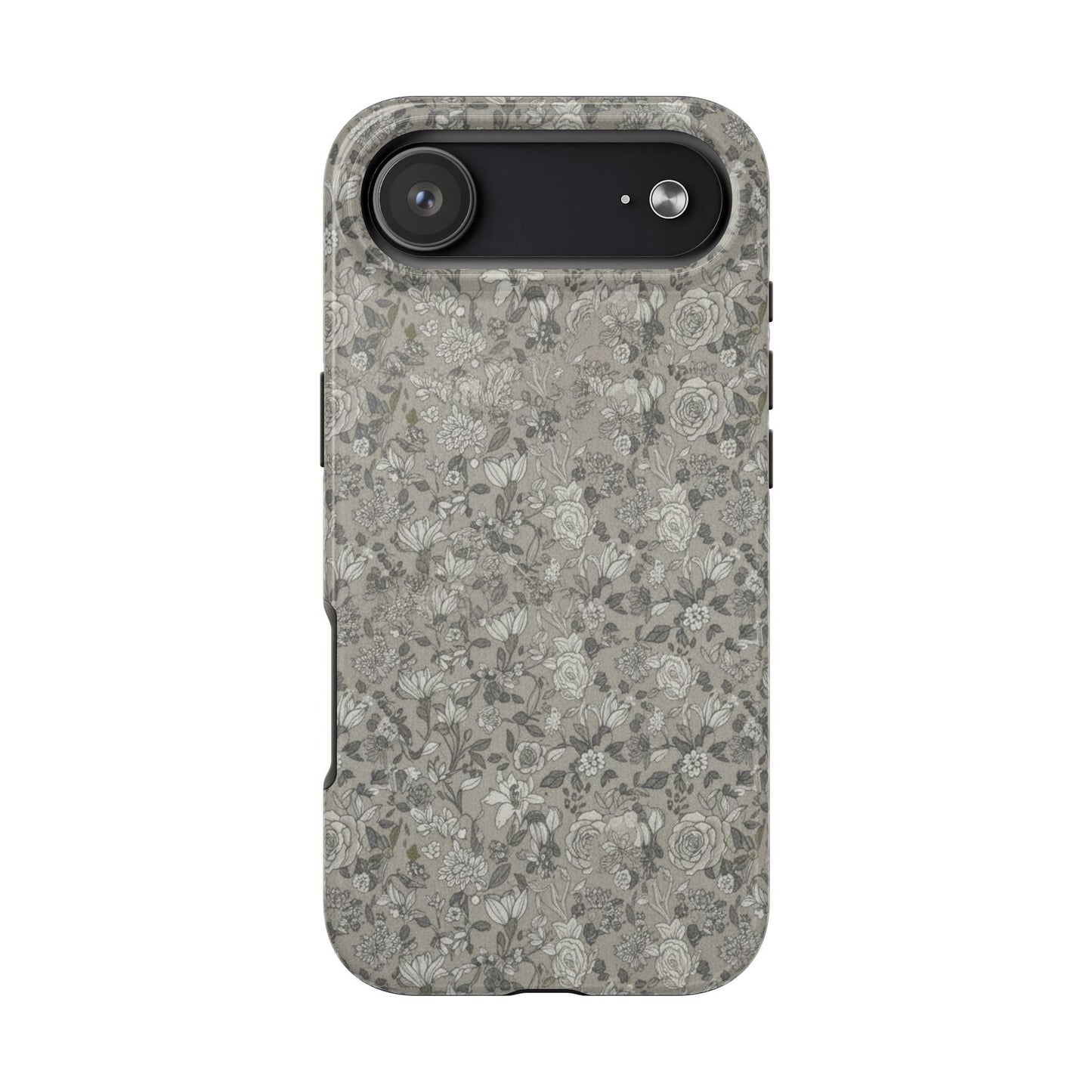 Gray Floral Tough Phone Case — Durable Protective Phone Cover with Vintage Botanical Pattern