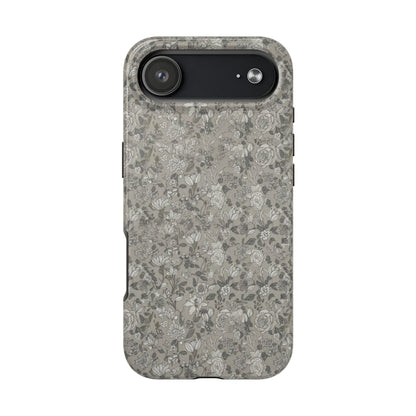 Gray Floral Tough Phone Case — Durable Protective Phone Cover with Vintage Botanical Pattern