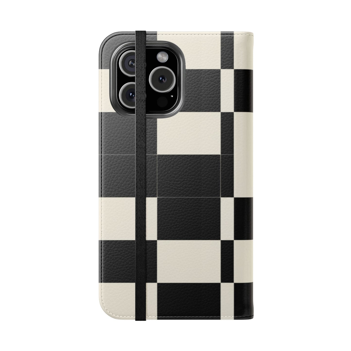 Checkered Flip Phone Case – Black & Cream Retro Grid Wallet Case