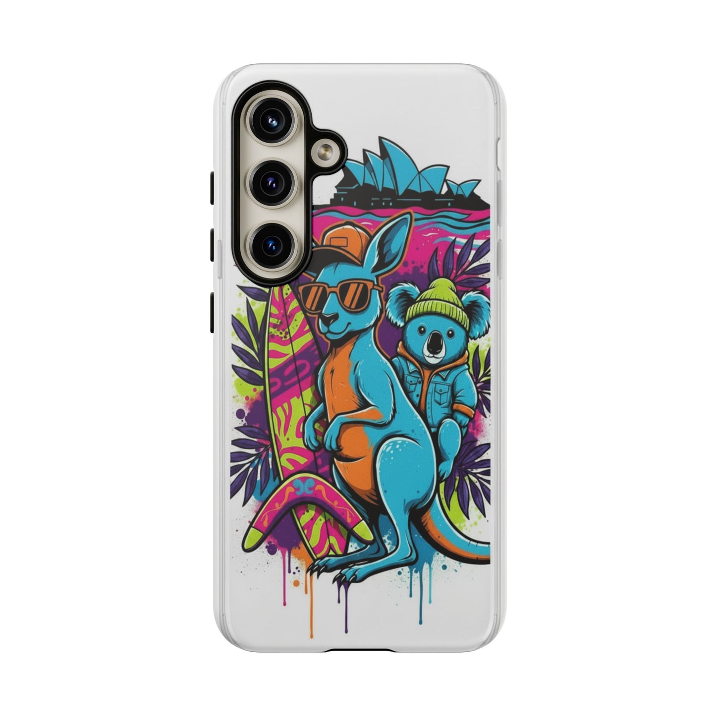 Kangaroo & Koala Surf Phone Case — Retro Neon Beach Art Tough Case