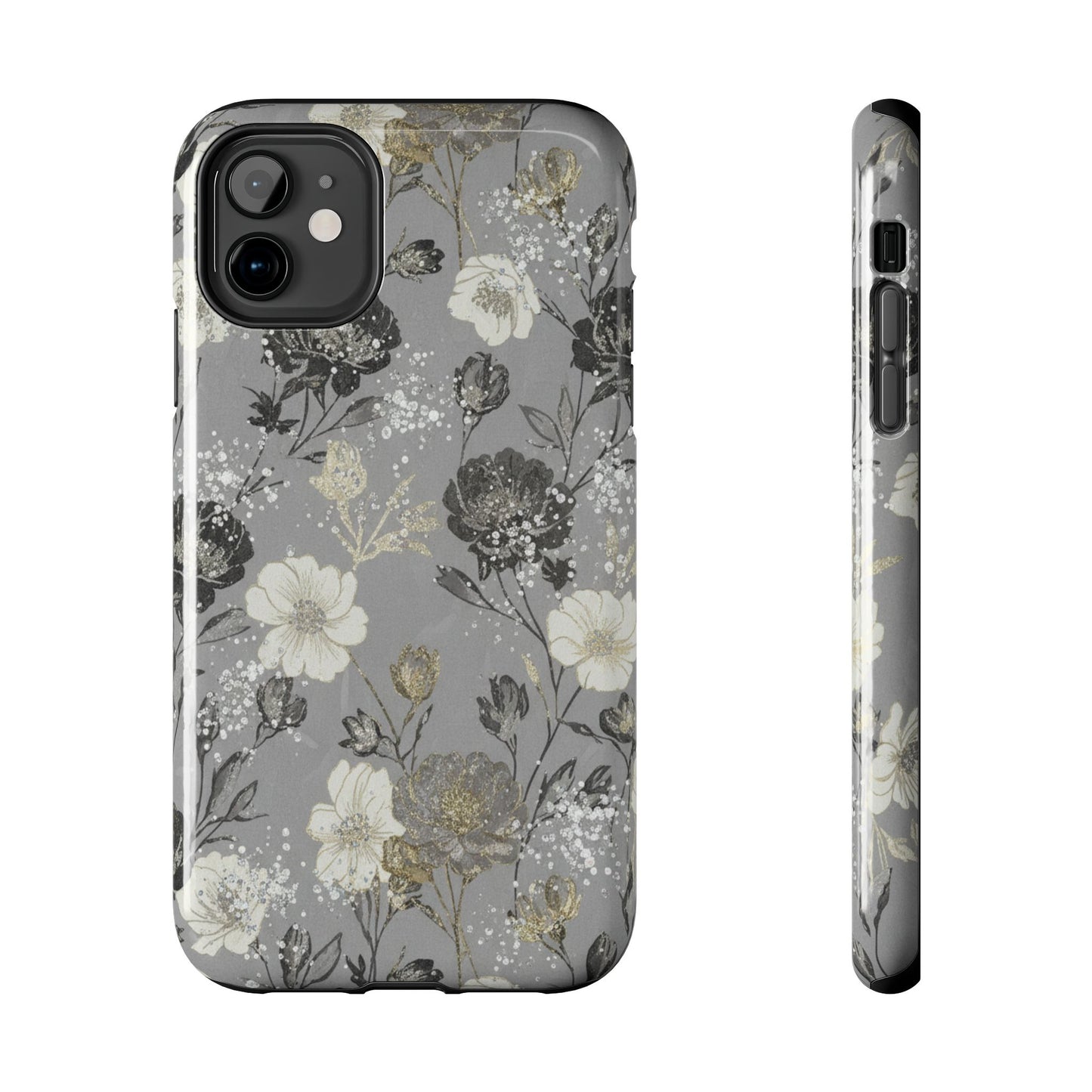 Floral Gray Tough Phone Case — Elegant Protective Phone Cover with Gold Accent