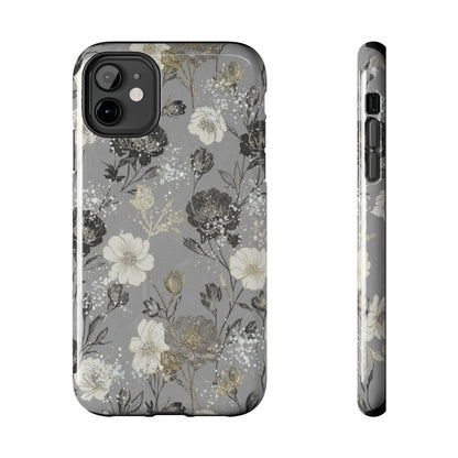 Floral Gray Tough Phone Case — Elegant Protective Phone Cover with Gold Accent