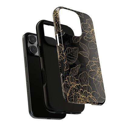 Floral Gold Outline Tough Phone Case – Black Botanical Protective Cover