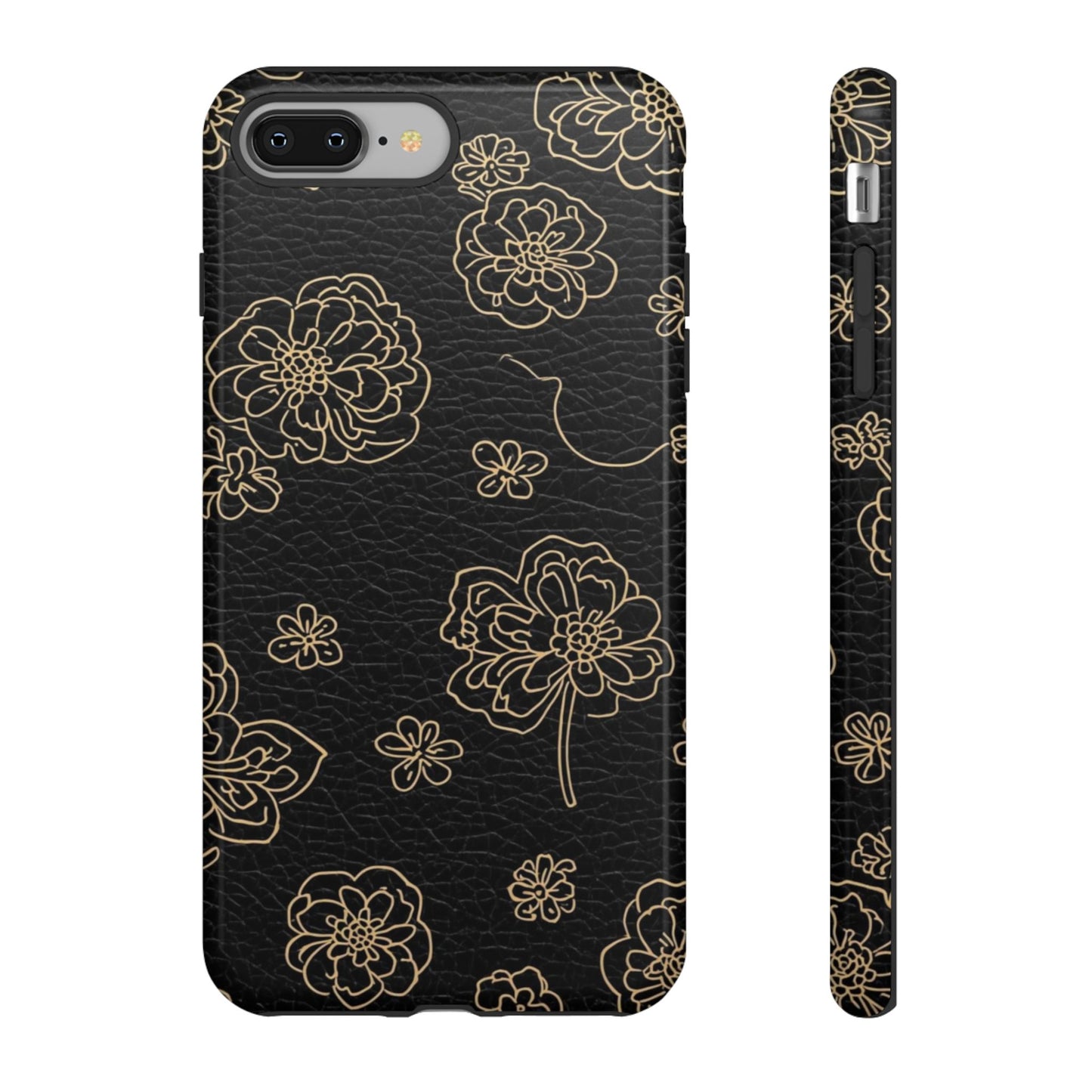 Floral Leather-Texture Tough Case – Black Gold Outline Phone Cover