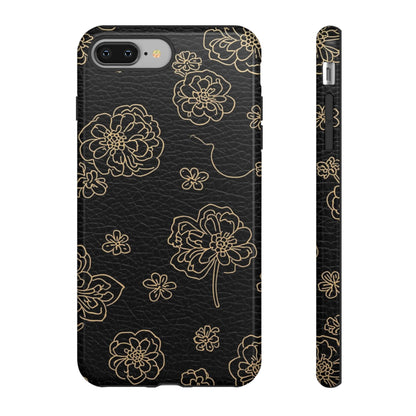 Floral Leather-Texture Tough Case – Black Gold Outline Phone Cover