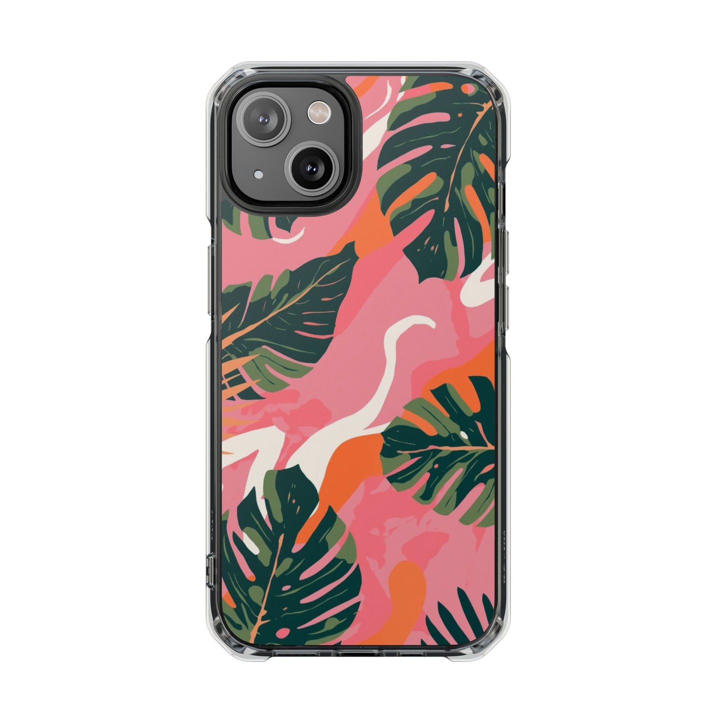 Clear Magnetic Phone Case — Tropical Pink Monstera Design