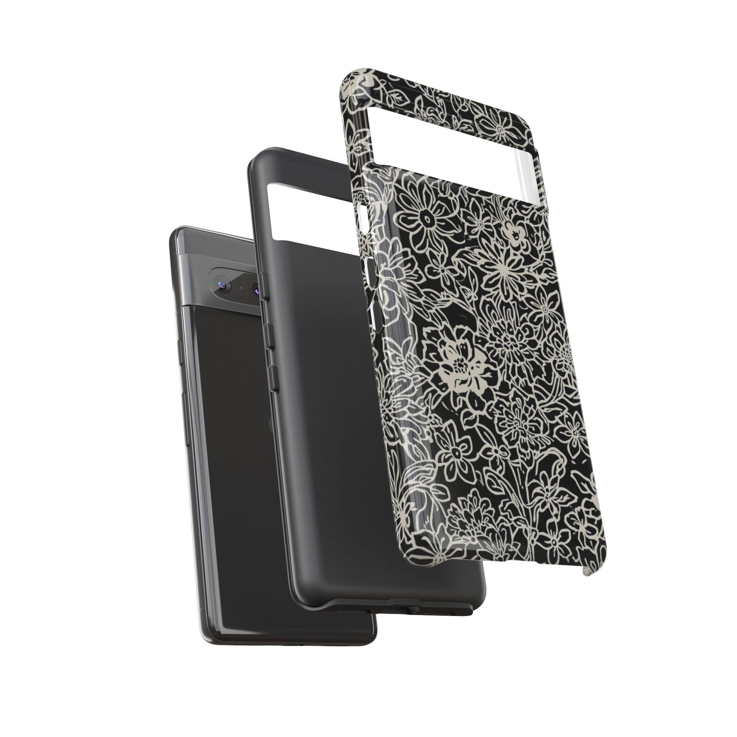 Floral Doodle Tough Phone Case — Black & White Sketch Flower Protective Cover