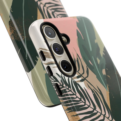 Tropical Leaf Tough Phone Case — Abstract Pink & Green Botanical Protective Cover