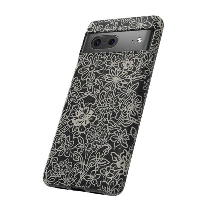 Floral Doodle Tough Phone Case — Black & White Sketch Flower Protective Cover