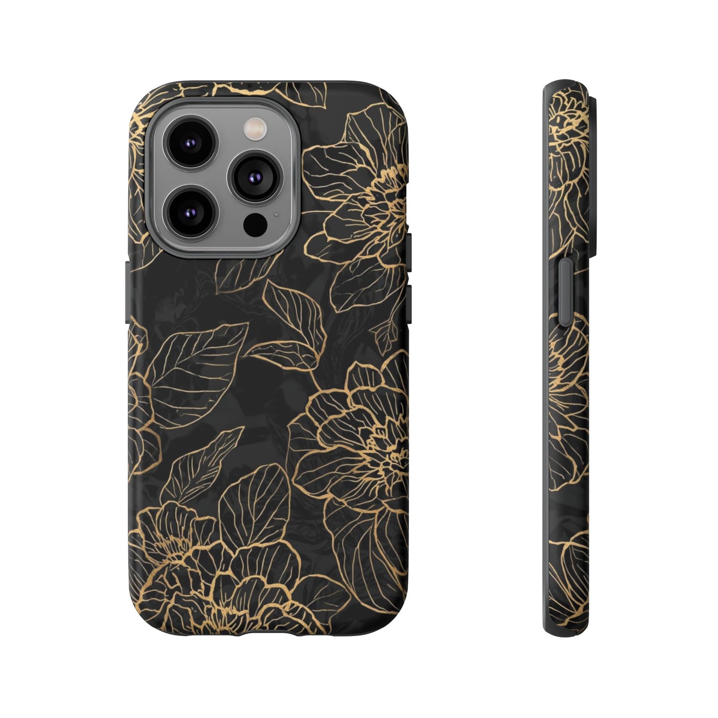 Floral Gold Outline Tough Phone Case – Black Botanical Protective Cover