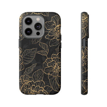 Floral Gold Outline Tough Phone Case – Black Botanical Protective Cover